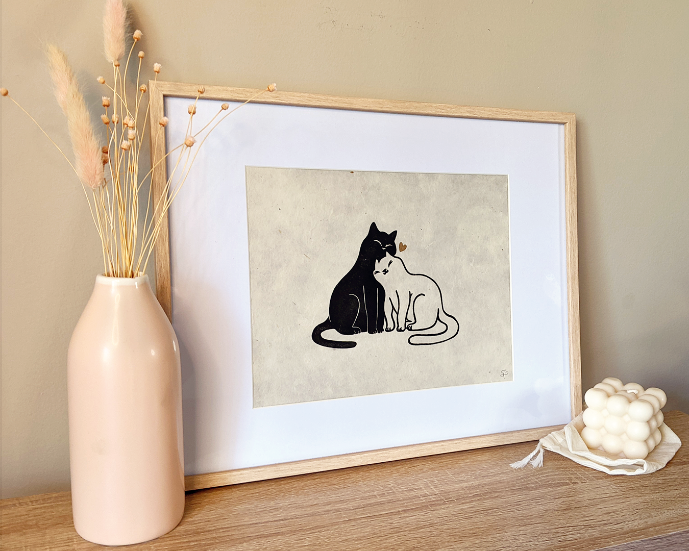 Handmade original linocut print of Snuggly Cats. Perfect Valentine's Day gift or an anniversary gift. Printed with black oil based ink on natural Lokta paper 55 gsm. finished with gold or lavender heart. 2 color print for cat lovers. Print for home decorations. 8x10 inches print. Art by Booba Prints.