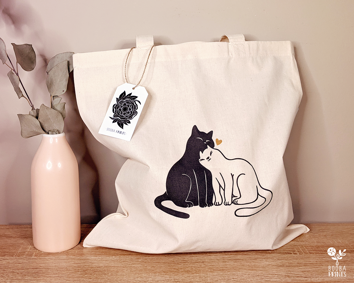 Tote bag of my Snuggly Cats print. 2 cats and a heart. Valentine's Day Gift, Anniversary Gift. thoughtful gift. Designed by Booba Prints. Cotton tote bag. Everyday bag. 