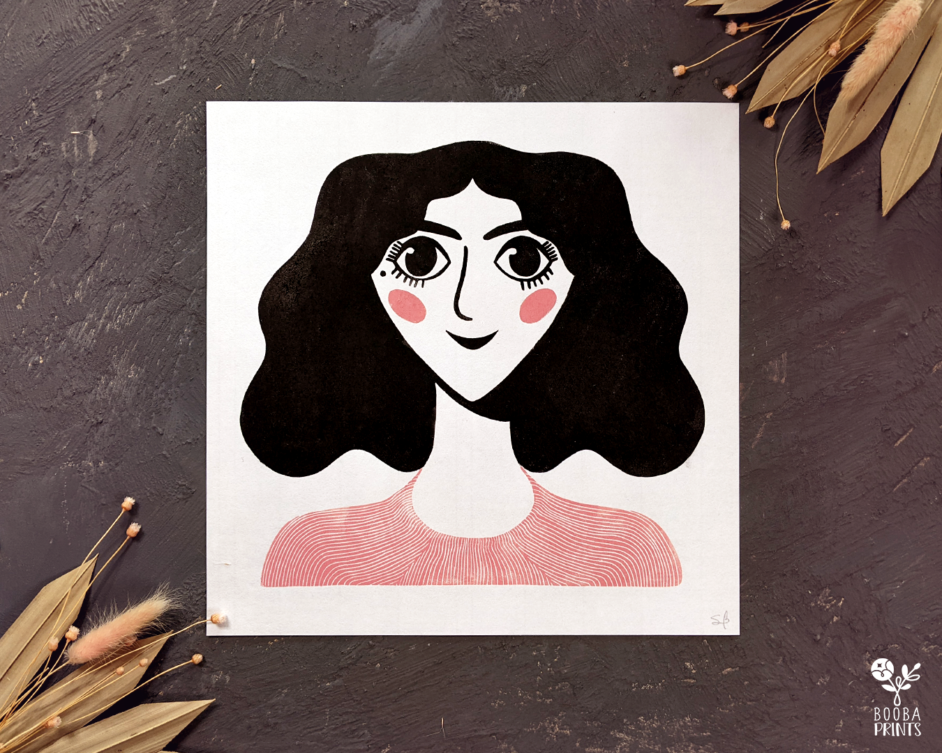 Original handmade linocut print of a woman's portrait. Modern design printed in black and pink with oil based ink on white Hosho paper. Print for home decorations and gallery wall. Art by Booba Prints. 11x11 inches print. 