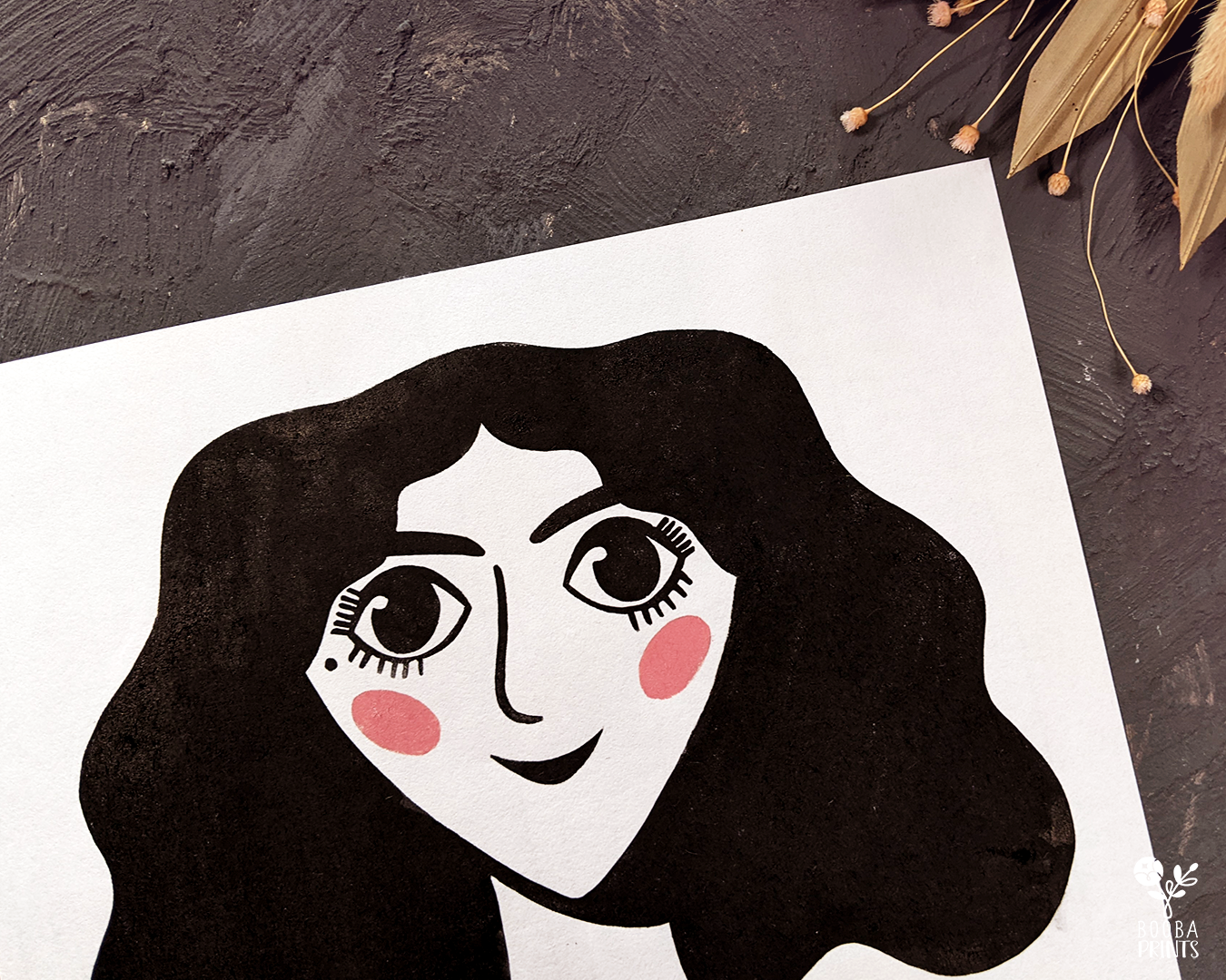 Original handmade linocut print of a woman's portrait. Modern design printed in black and pink with oil based ink on white Hosho paper. Print for home decorations and gallery wall. Art by Booba Prints. 11x11 inches print. 