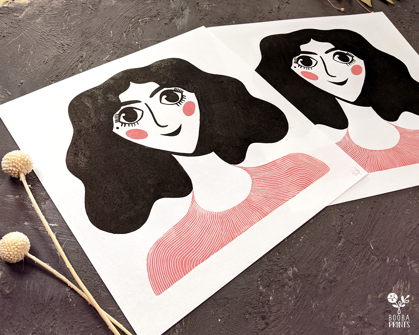 Original handmade linocut print of a woman's portrait. Modern design printed in black and pink with oil based ink on white Hosho paper. Print for home decorations and gallery wall. Art by Booba Prints. 11x11 inches print. 