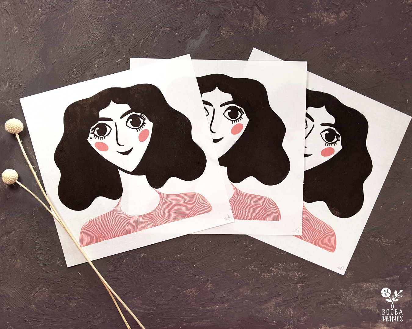 Original handmade linocut print of a woman's portrait. Modern design printed in black and pink with oil based ink on white Hosho paper. Print for home decorations and gallery wall. Art by Booba Prints. 11x11 inches print. 