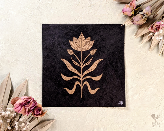Handmade linocut print of minimalistic and symmetric flower. Original print in metallic gold, printed with oil based ink, printed on black Lokta paper 55 gsm or feathered navy blue paper. Decor lover gift. Flower lover print for home decorations. 8x8 inches print. Art by Booba Prints.
